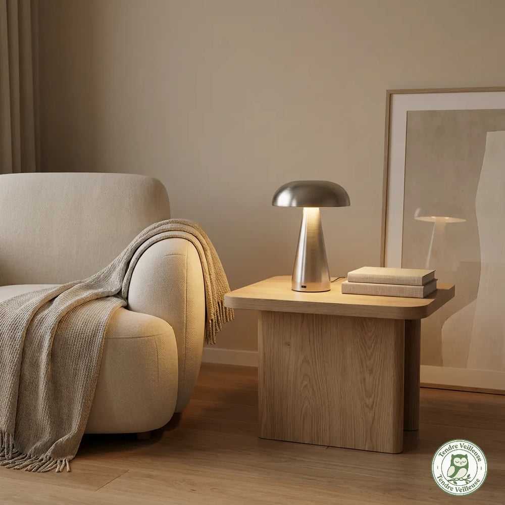 Lampe de chevet tactile champignon métal argent posée sur table basse en bois naturel, lumière chaude allumée, ambiance salon avec fauteuil beige — Tendre Veilleuse